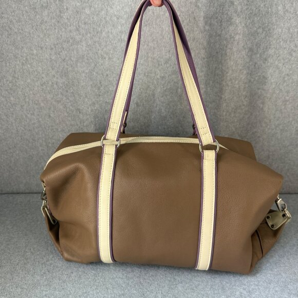 Levenger Taupe Brown Cream Purple Overnight Travel Bag Shoulder Duffel Weekend - Picture 4 of 16